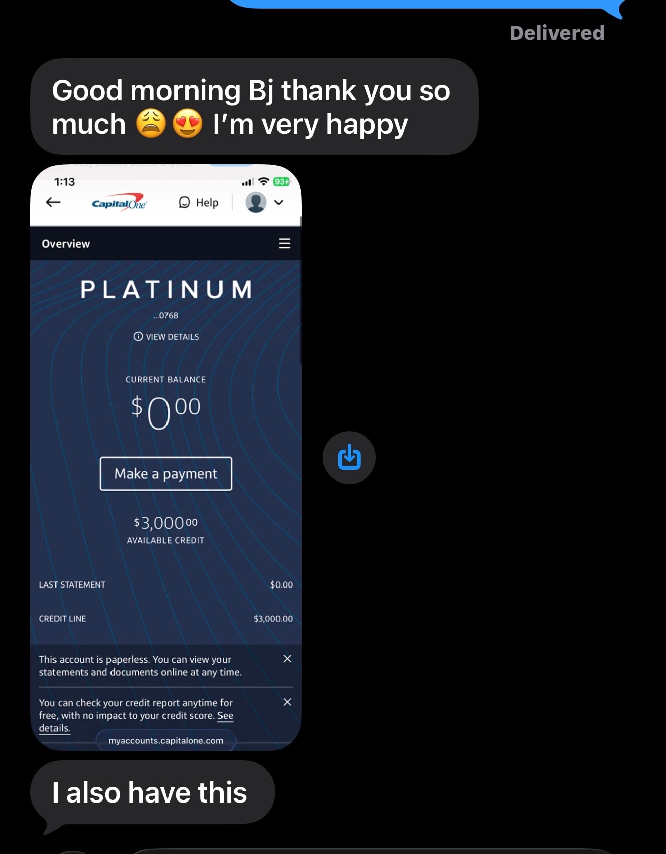 Client approved for Capital One Platinum, $3,000 credit line