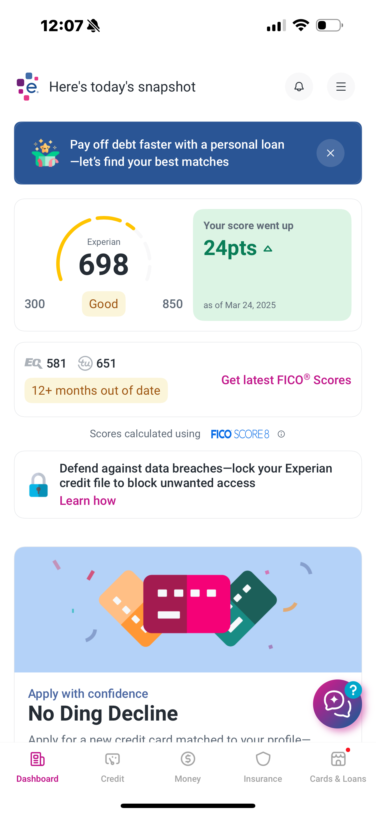 Experian credit score 698, Good, up 24 points