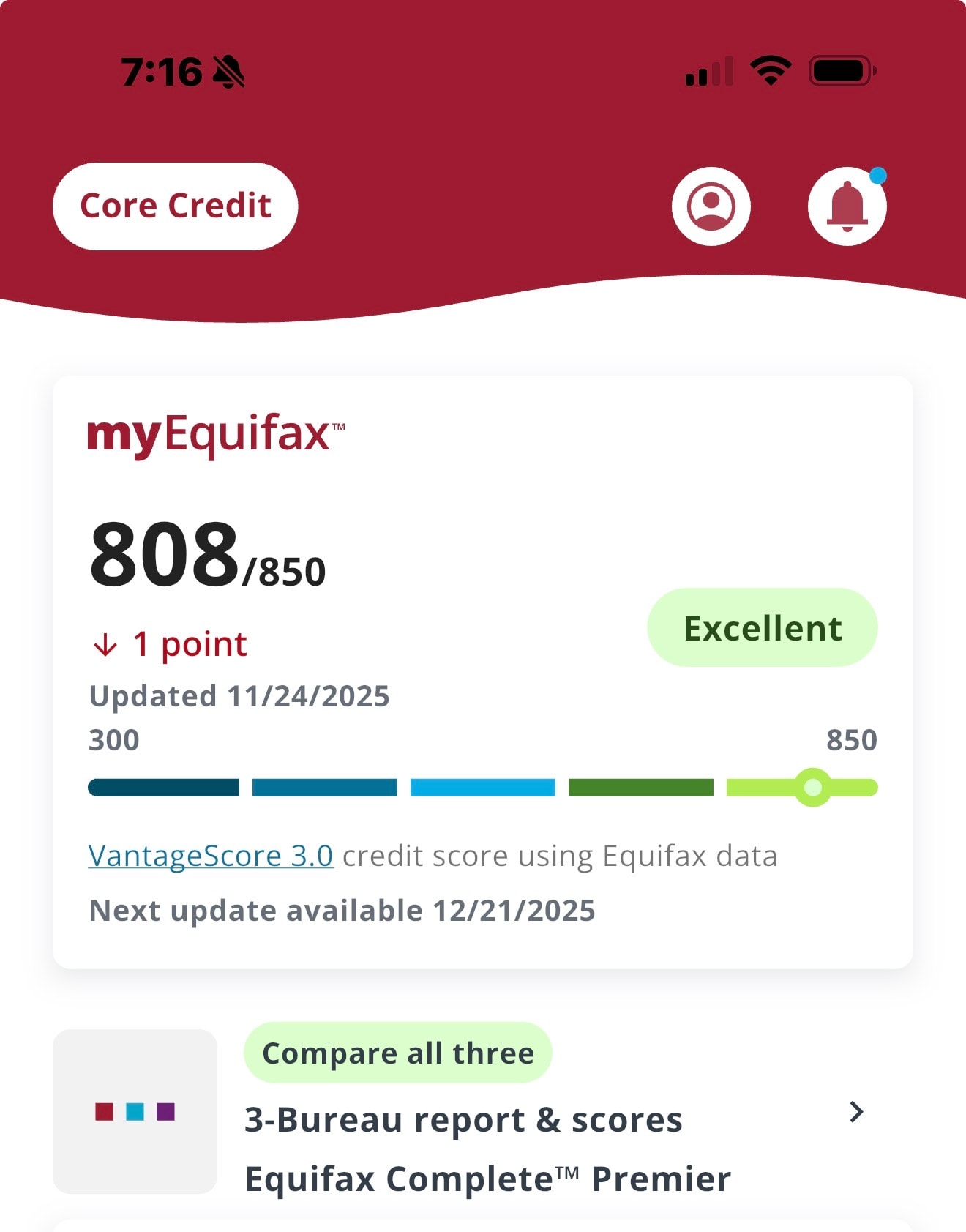 myEquifax credit score 808, Excellent