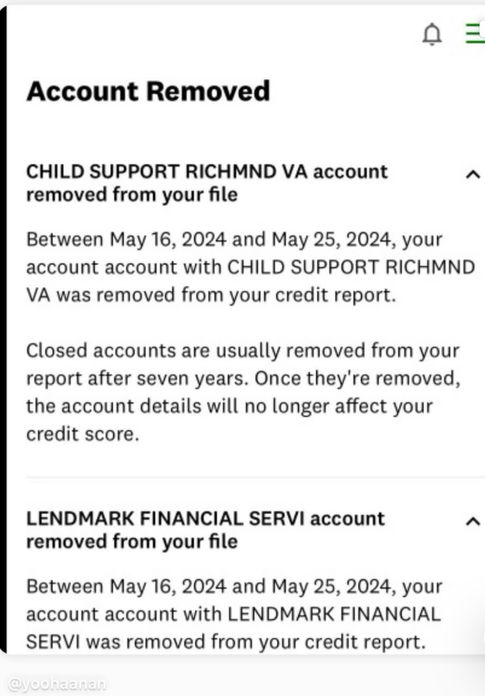 Negative accounts removed from credit report: Child Support and Lendmark Financial
