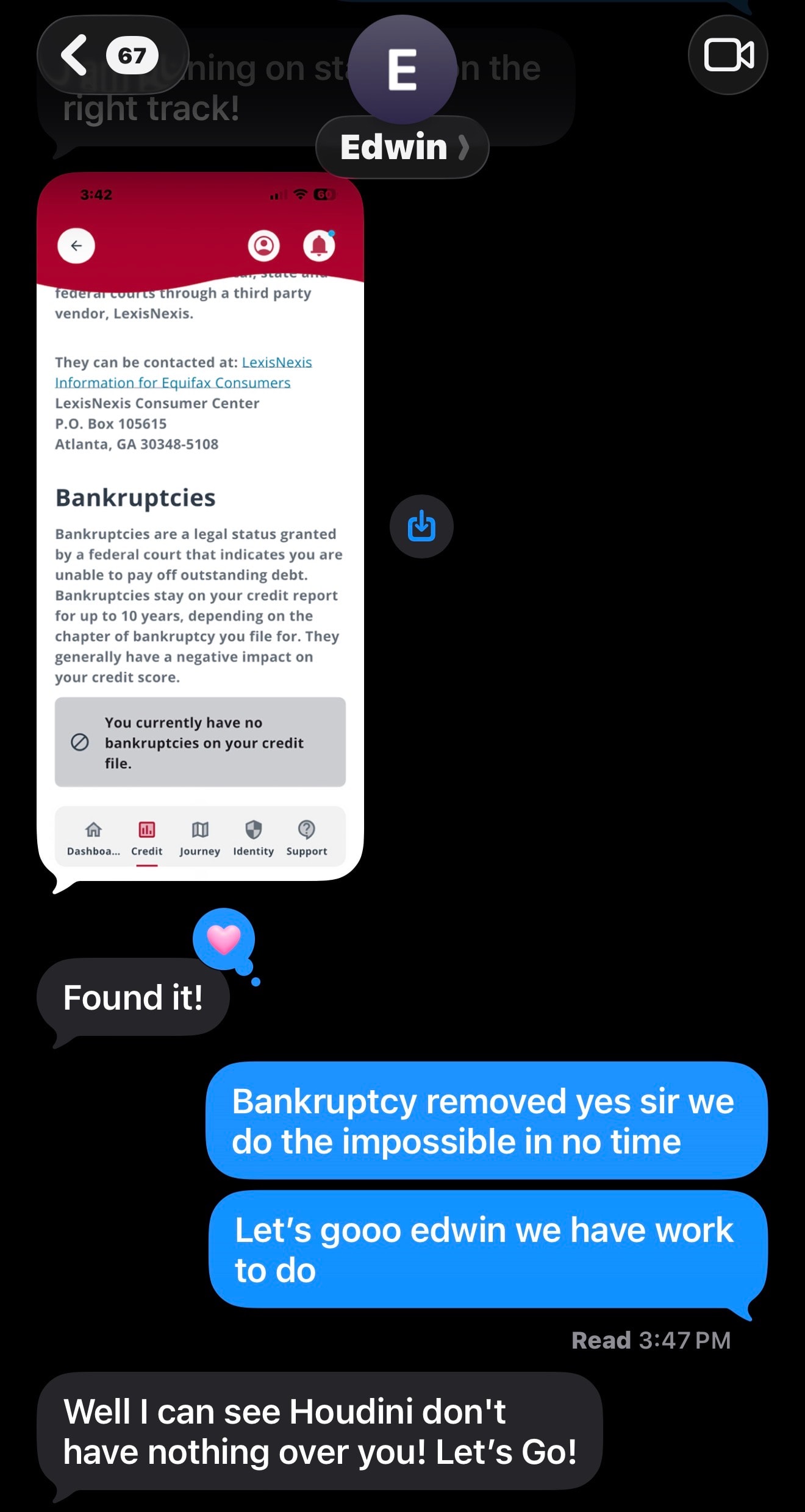 Bankruptcy removed from credit file — client Edwin, zero bankruptcies on record