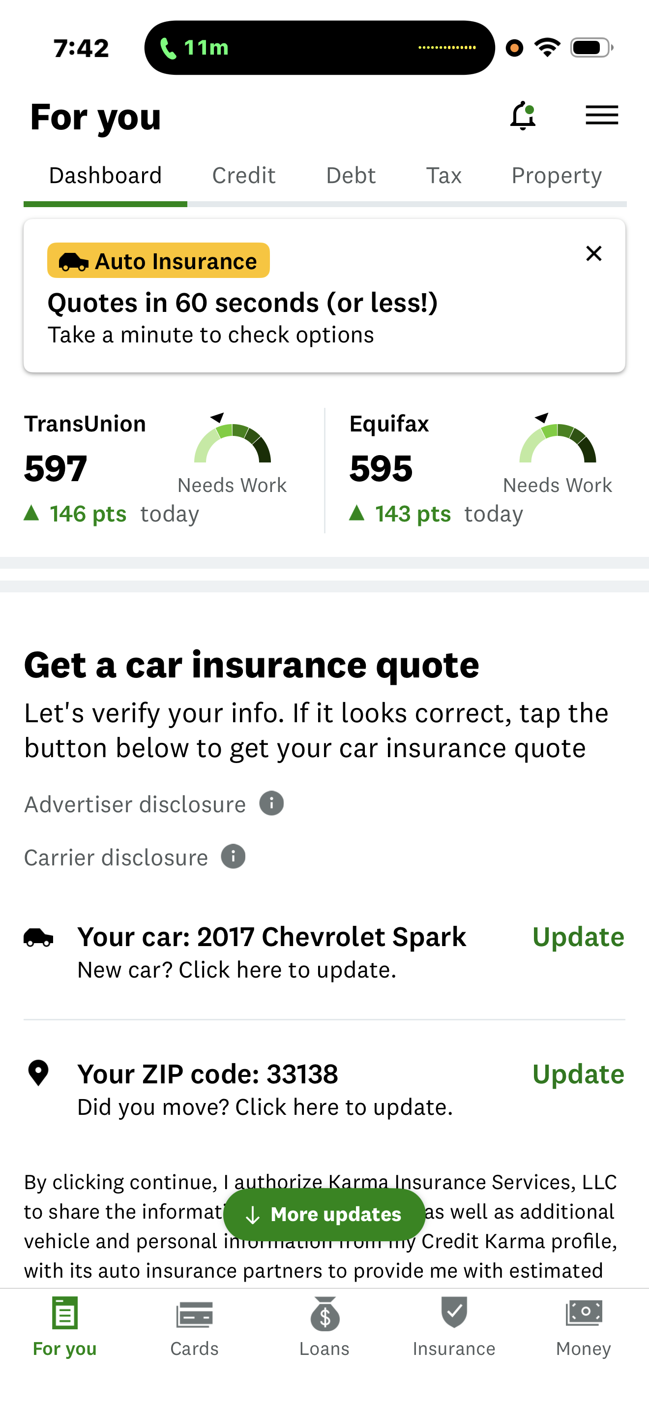 Credit Karma: TransUnion 597 (+146 pts), Equifax 595 (+143 pts)